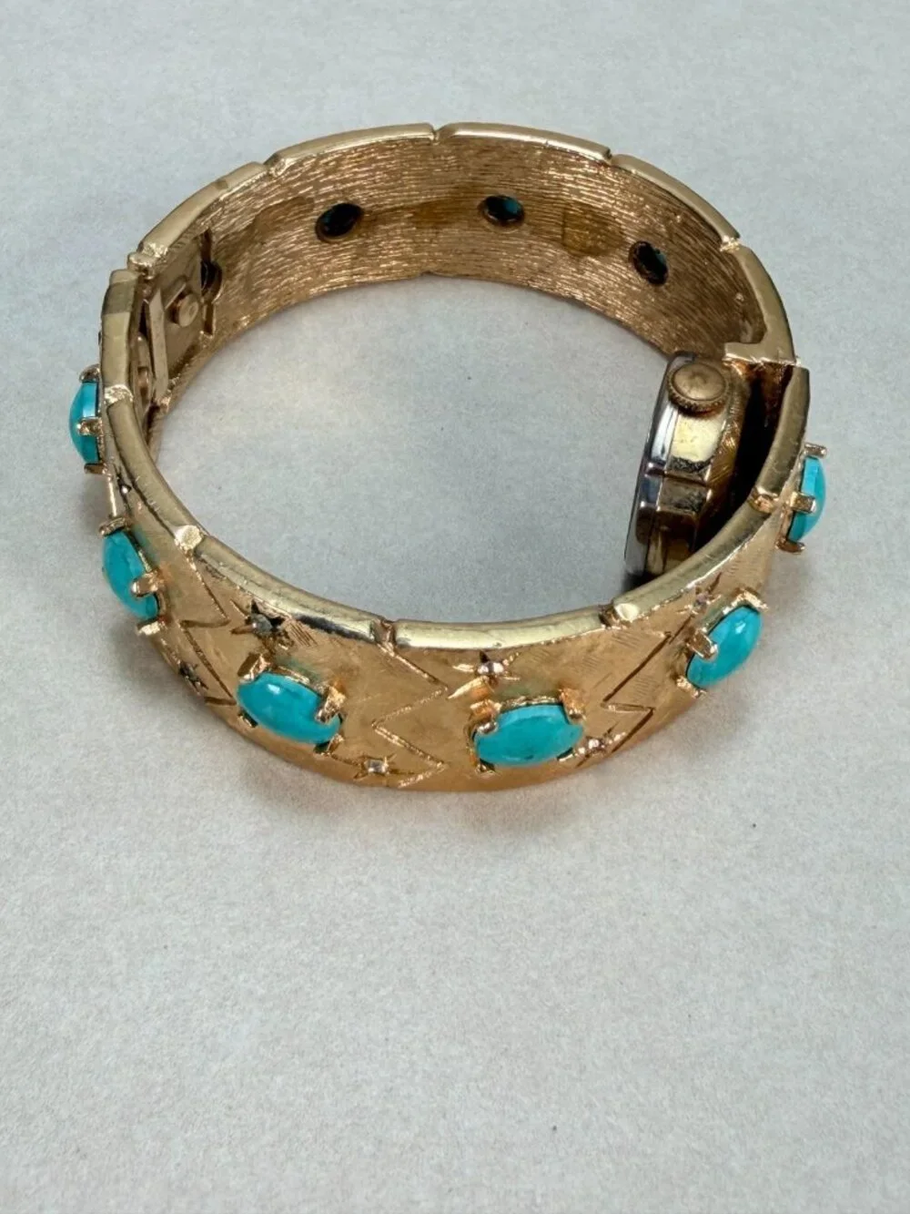 Vintage Endura Swiss Ladies Bracelet Watch Turquoise Rhinestones Runs No Crystal